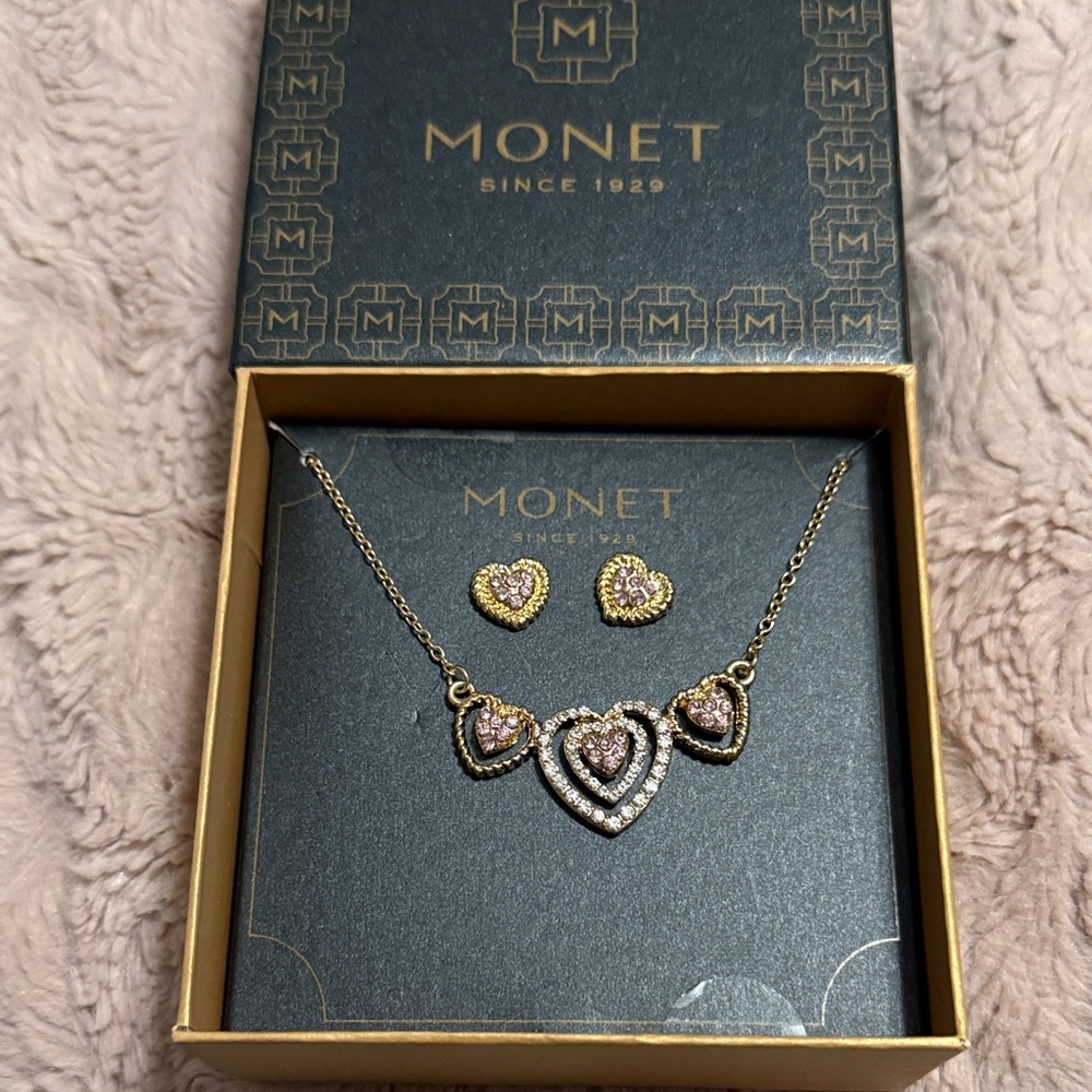 Monet Gold Necklace with Pink Heart Accents